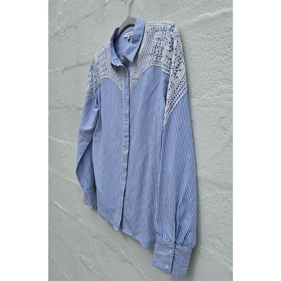 Calligraphie Anthropologie Top Large Blue White Striped Button Up Ivory Crochet - Picture 3 of 13